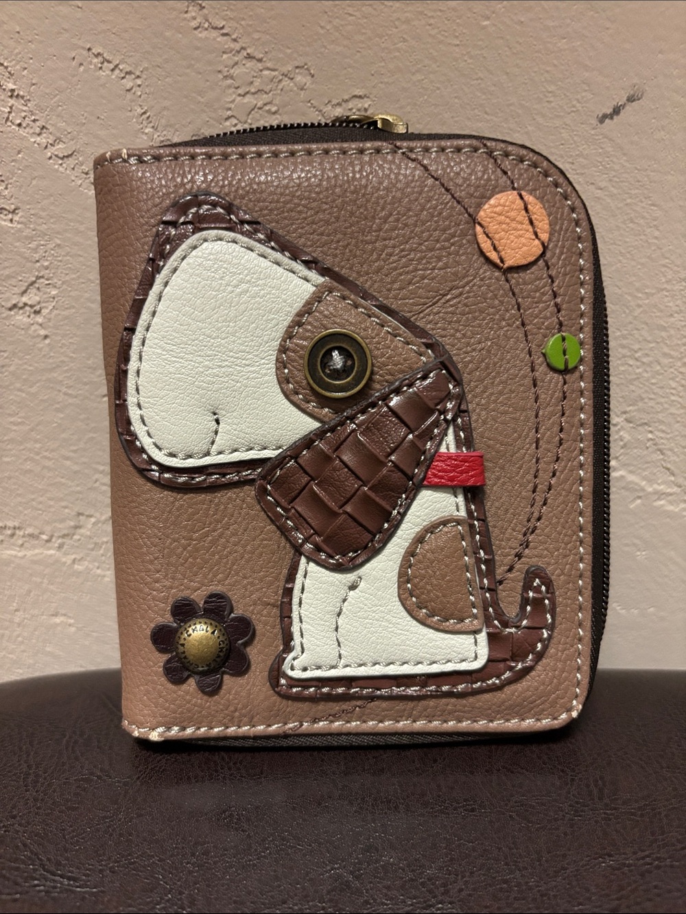 Chala Brown and White Dog Appliqué Zip Wallet